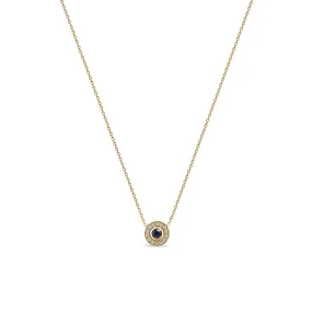 14k Round Blue Sapphire & Diamond Halo Necklace