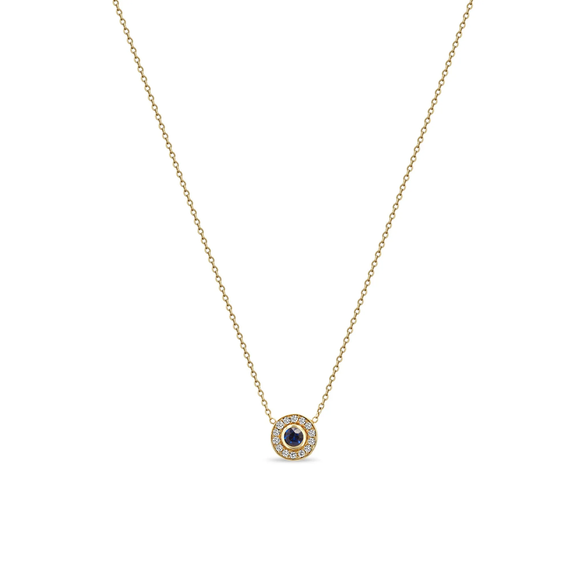 14k Round Blue Sapphire & Diamond Halo Necklace