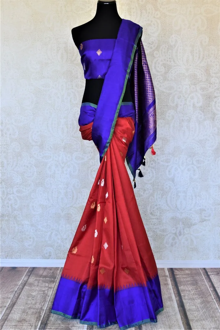 90L321 Red Gadhwal Silk Saree with Blue Border and Pallu