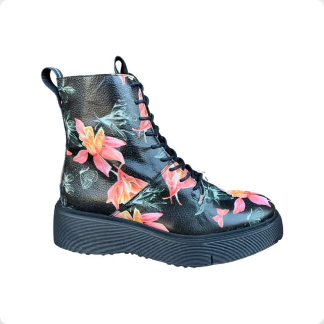 A9350 Floral Black Lace Up Combat Boot