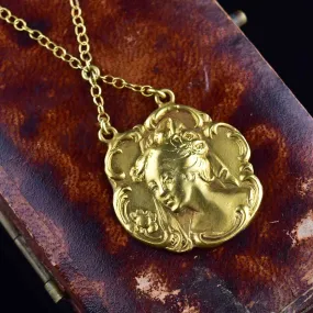 Antique Art Nouveau Gold Lady Pendant Necklace