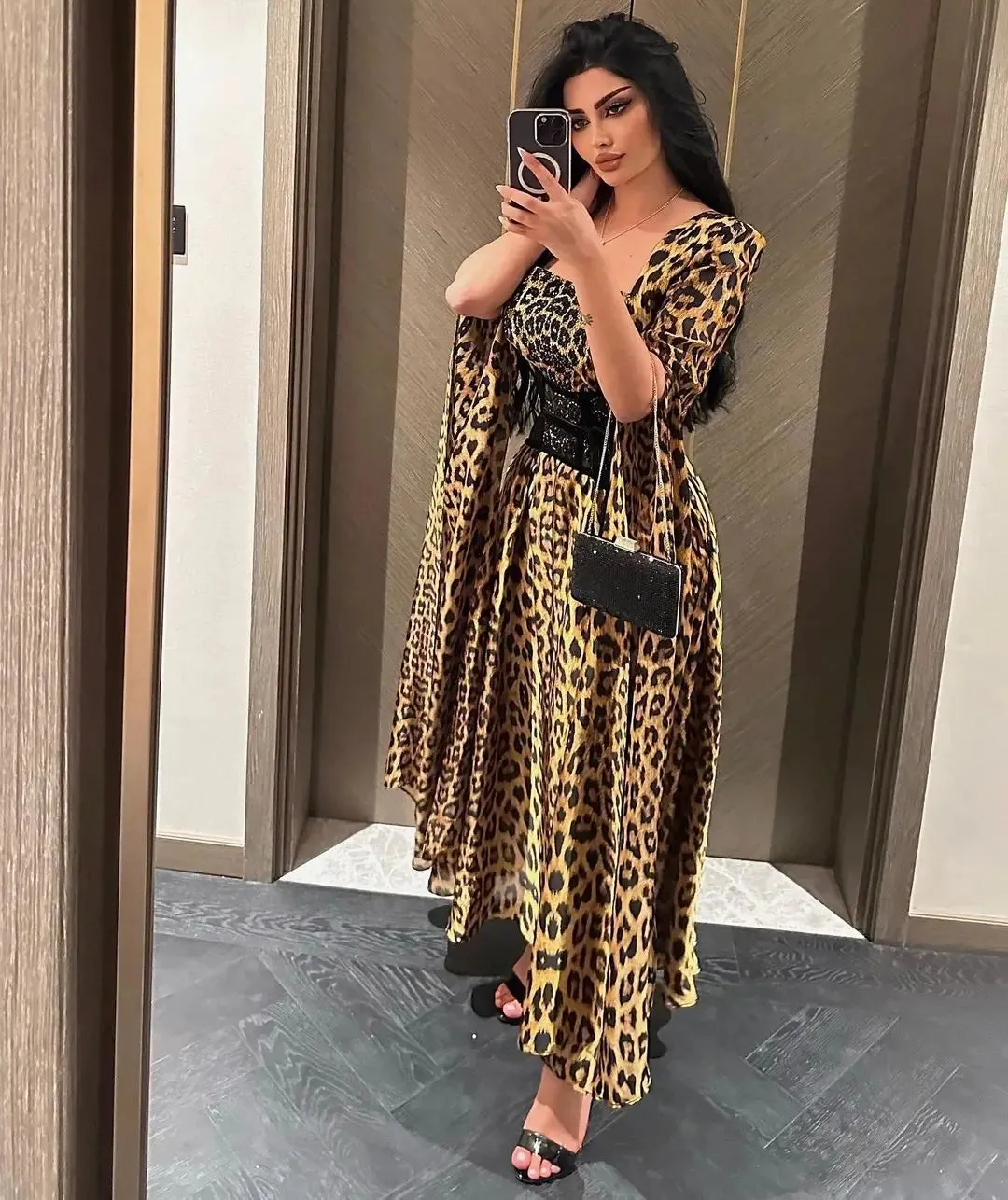 Arabia Fashion Leopard Print Long Sleeve Prom Dresses L S5059416