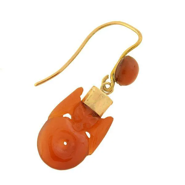 Art Deco Chinese 9kt Hand Carved Carnelian Bat Earrings