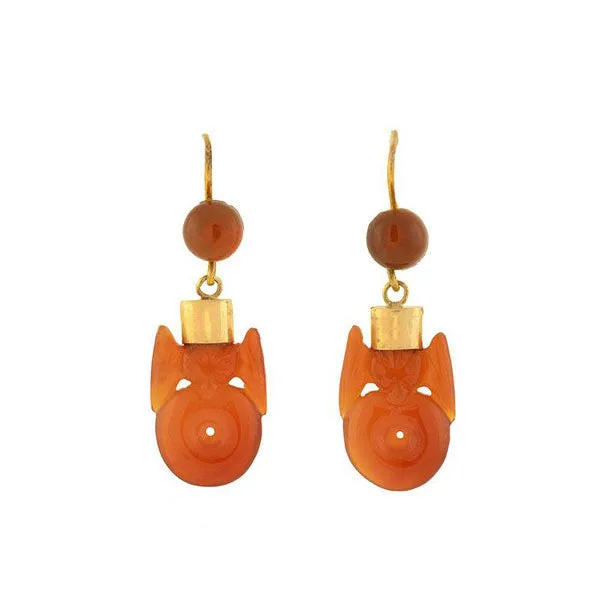 Art Deco Chinese 9kt Hand Carved Carnelian Bat Earrings