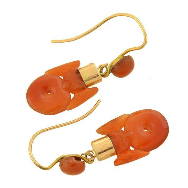 Art Deco Chinese 9kt Hand Carved Carnelian Bat Earrings