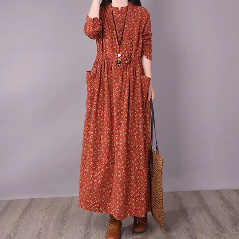 BABAKUD Spring Floral Irregular Stitching Pure Linen Long Sleeve Dress