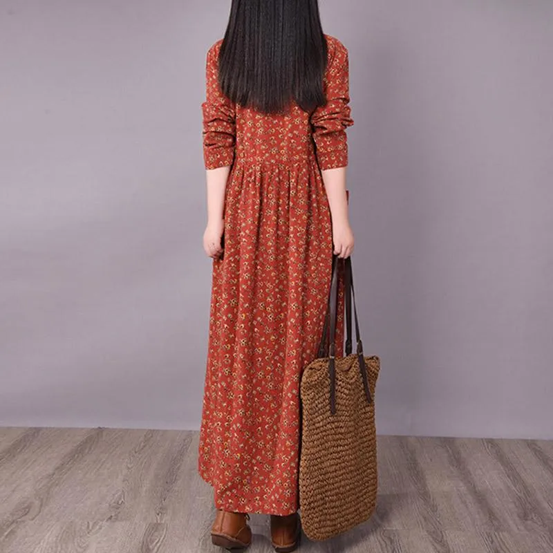 BABAKUD Spring Floral Irregular Stitching Pure Linen Long Sleeve Dress