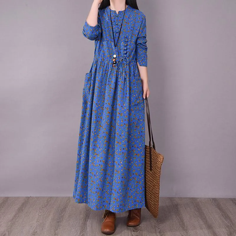 BABAKUD Spring Floral Irregular Stitching Pure Linen Long Sleeve Dress