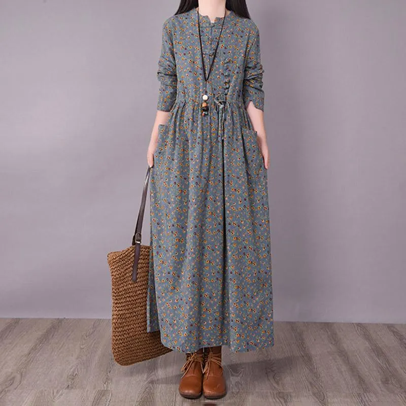 BABAKUD Spring Floral Irregular Stitching Pure Linen Long Sleeve Dress