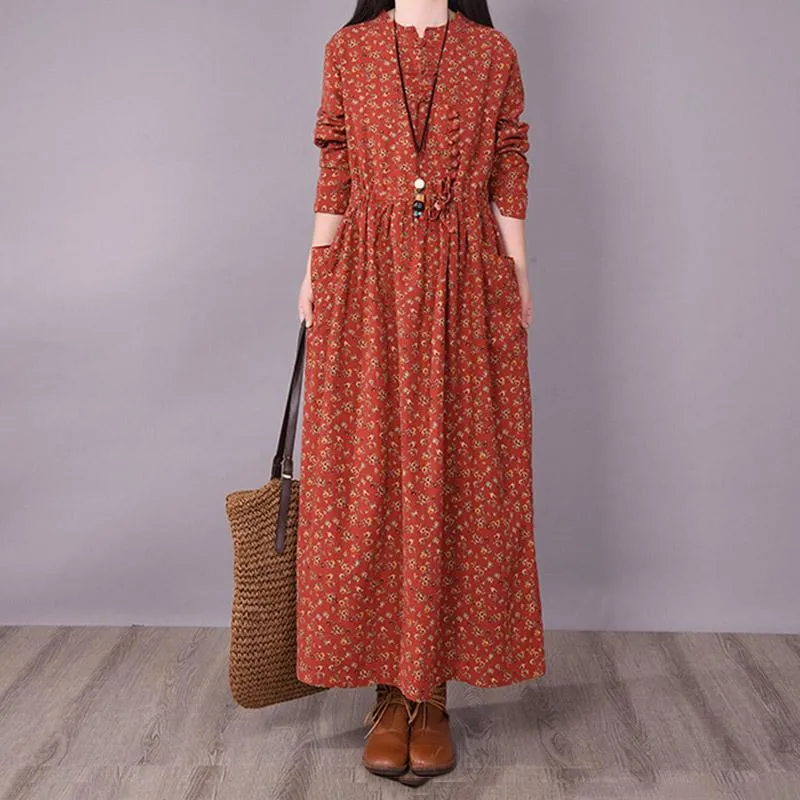 BABAKUD Spring Floral Irregular Stitching Pure Linen Long Sleeve Dress