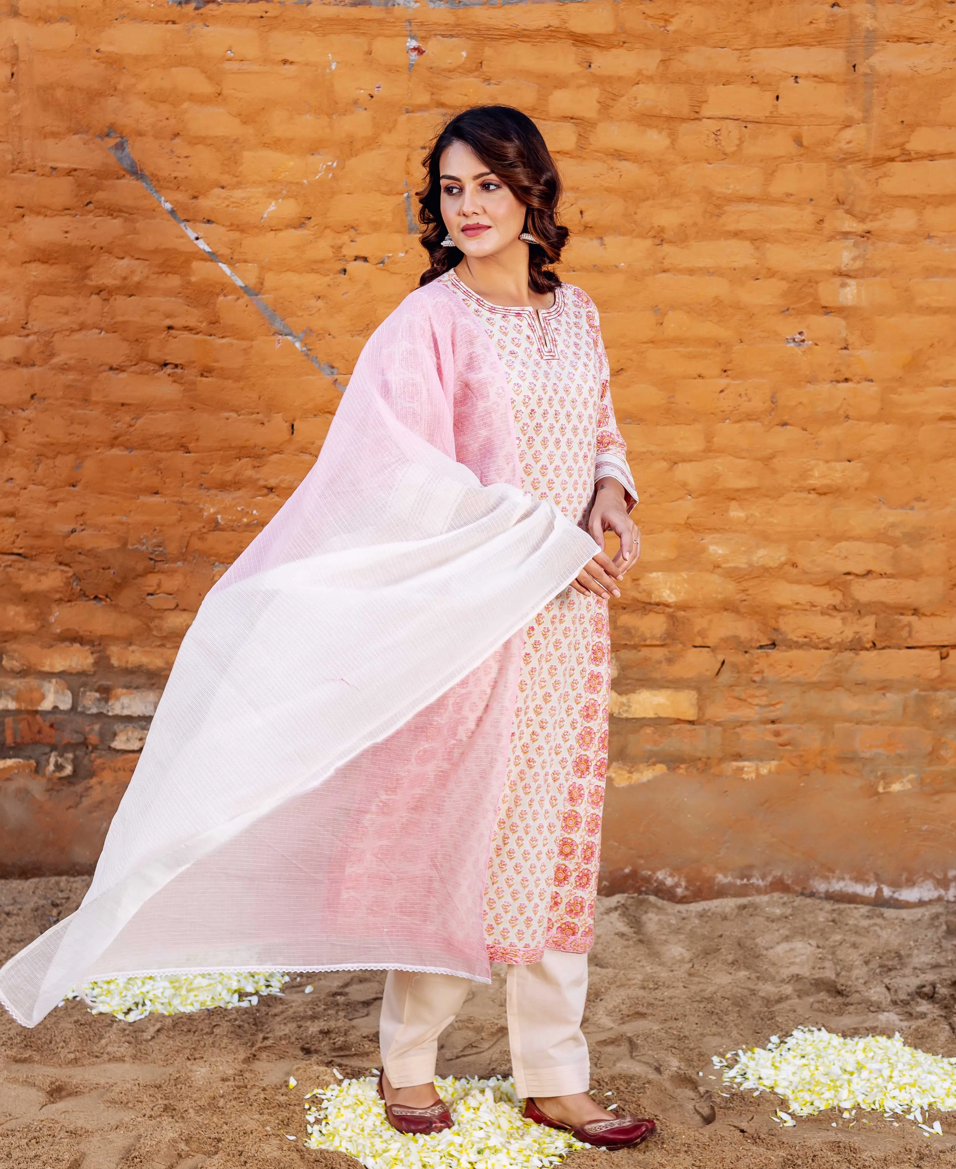 Beige and Peach Hand Block Printed Cotton Dupatta