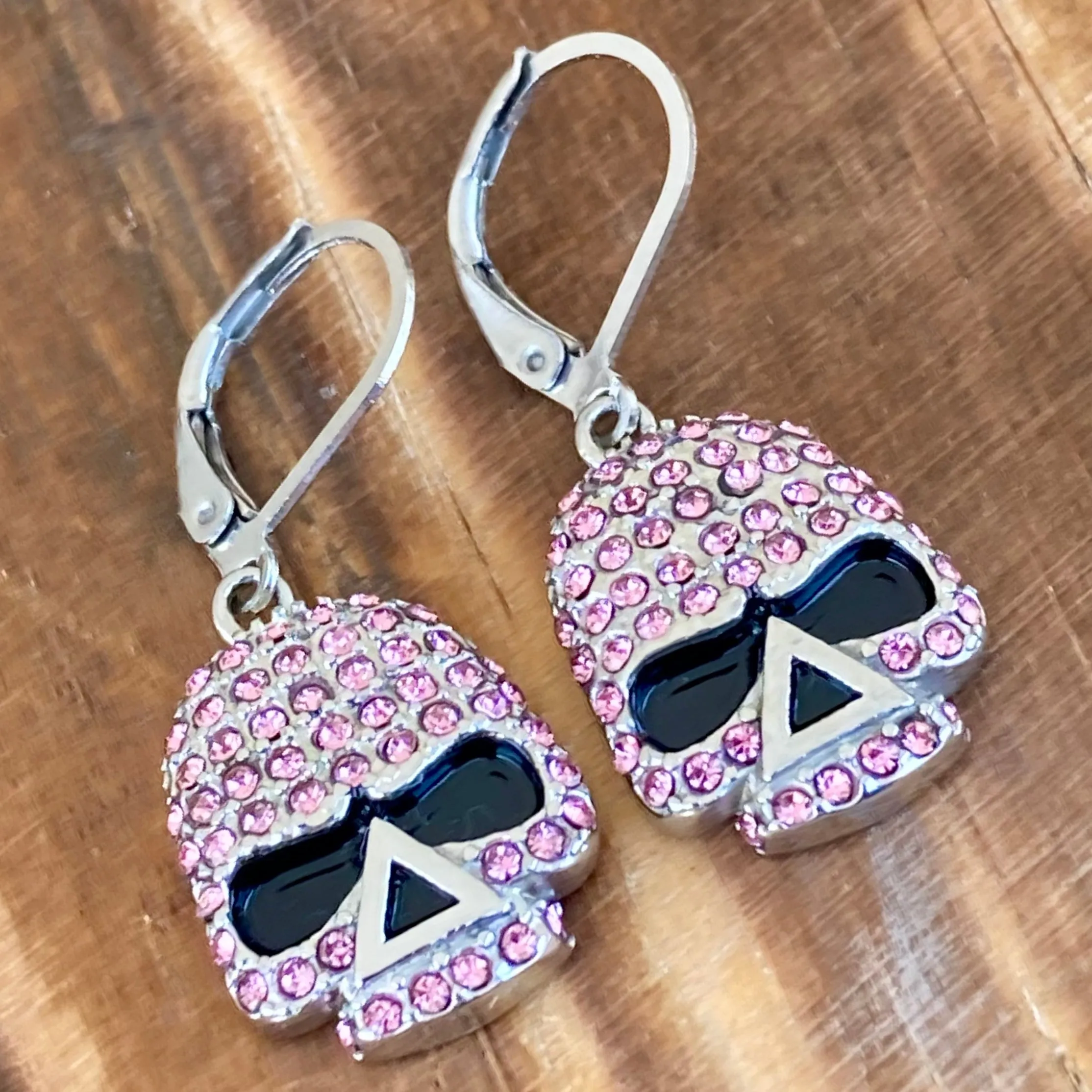 Bling Skull Earrings - Pink Stone - Lever Back - 2596L