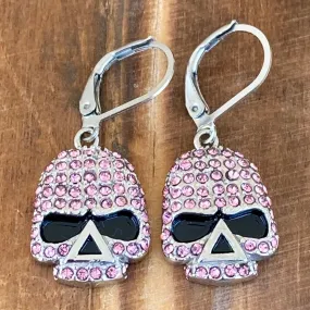 Bling Skull Earrings - Pink Stone - Lever Back - 2596L