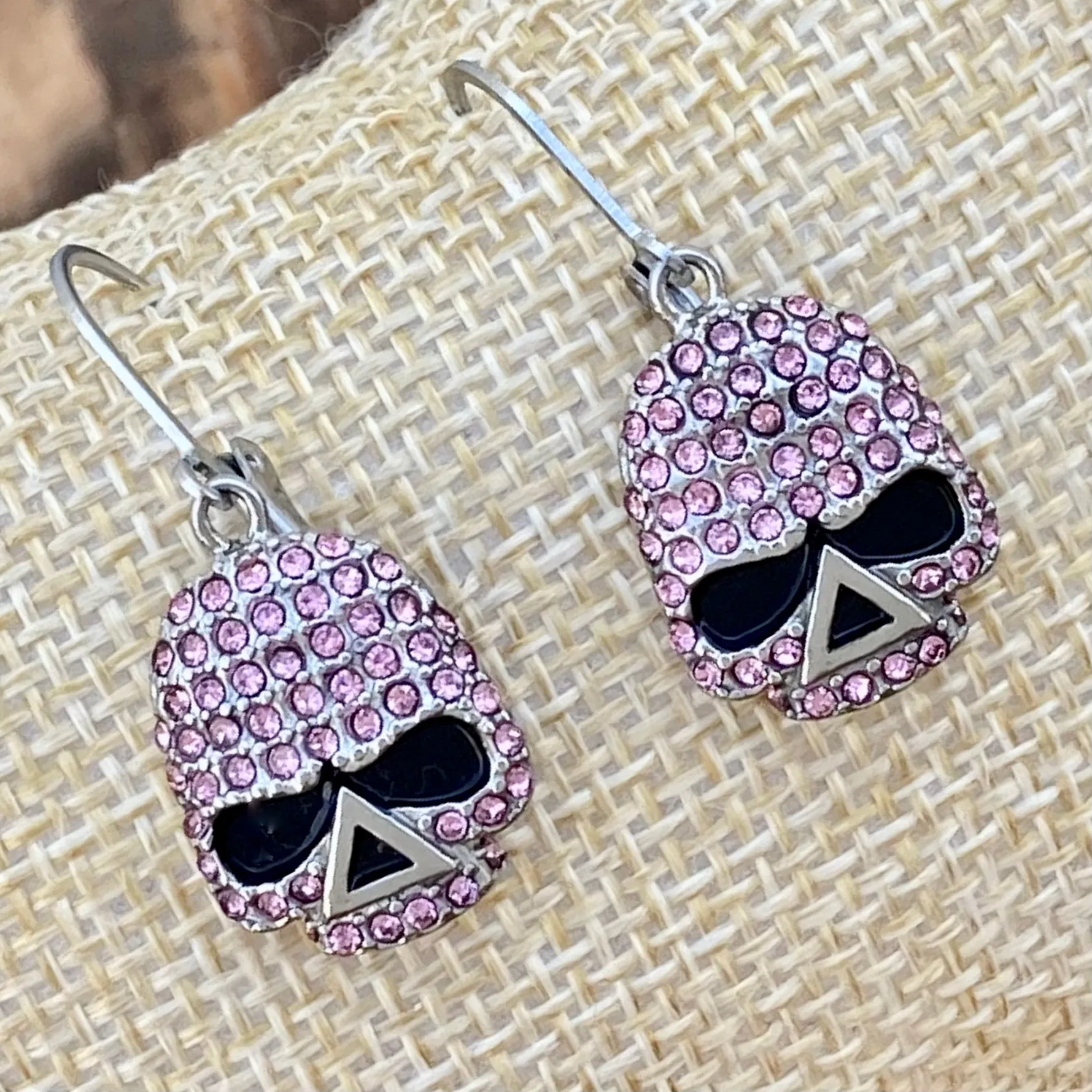 Bling Skull Earrings - Pink Stone - Lever Back - 2596L