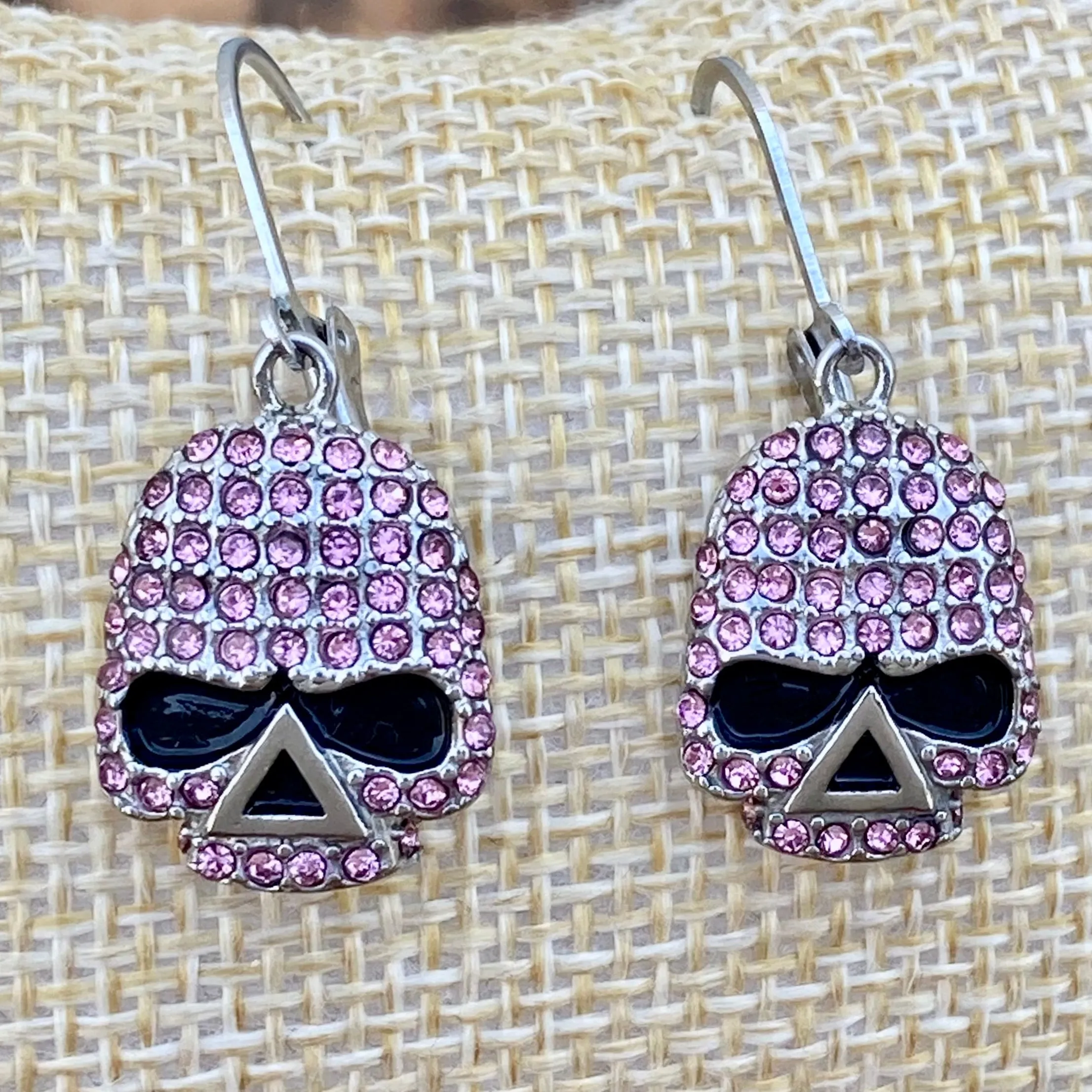 Bling Skull Earrings - Pink Stone - Lever Back - 2596L