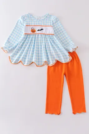 Blue plaid halloween embroidery girl set