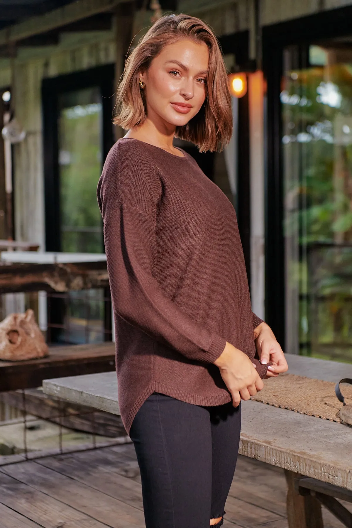 Cameron Long Sleeve Pullover Dark Brown Knit