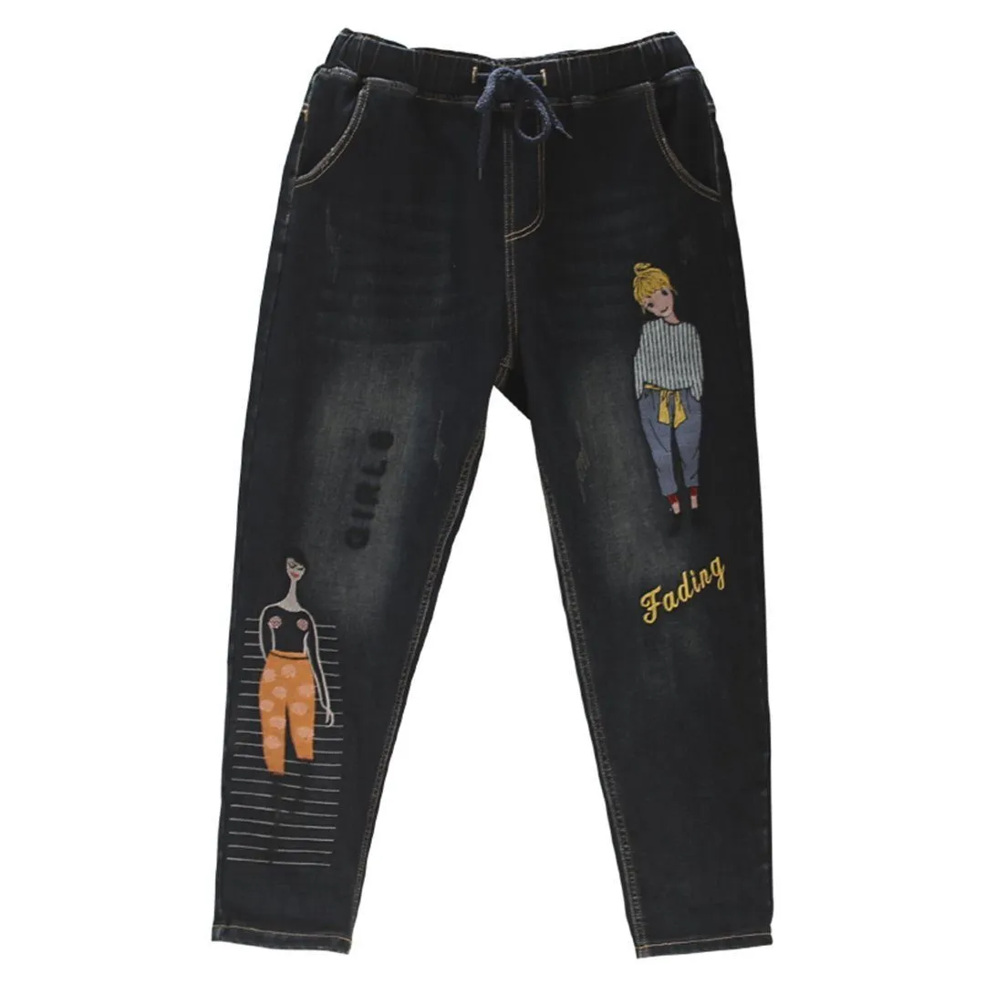 Cartoon Pattern Washed Jeans