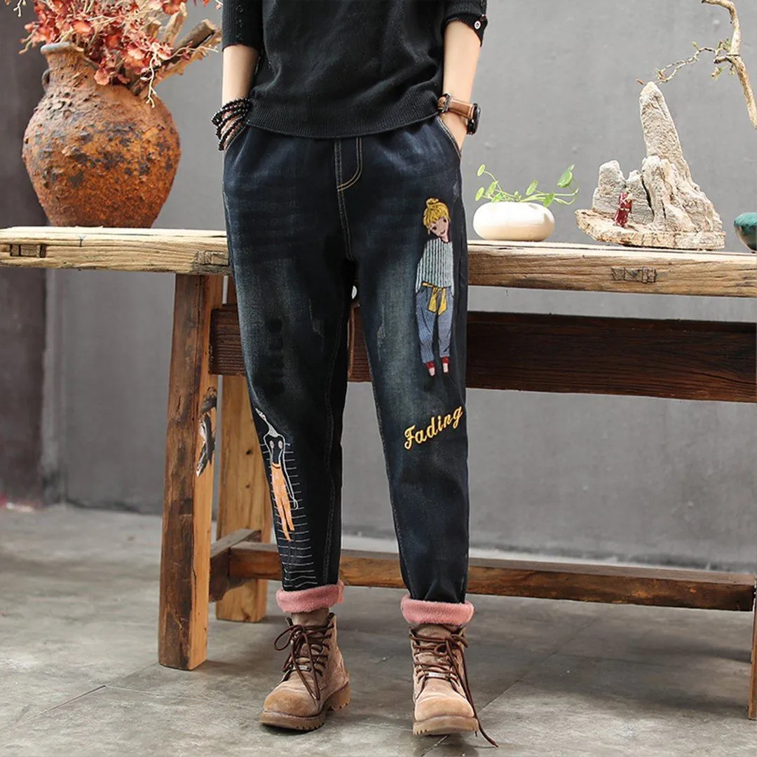 Cartoon Pattern Washed Jeans