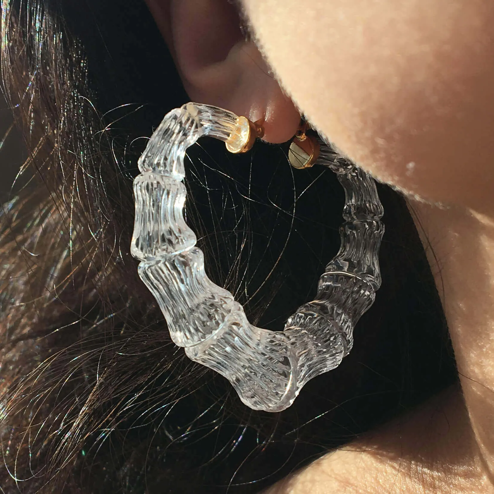 Clear Lucite Heart Bamboo Hoop Earrings