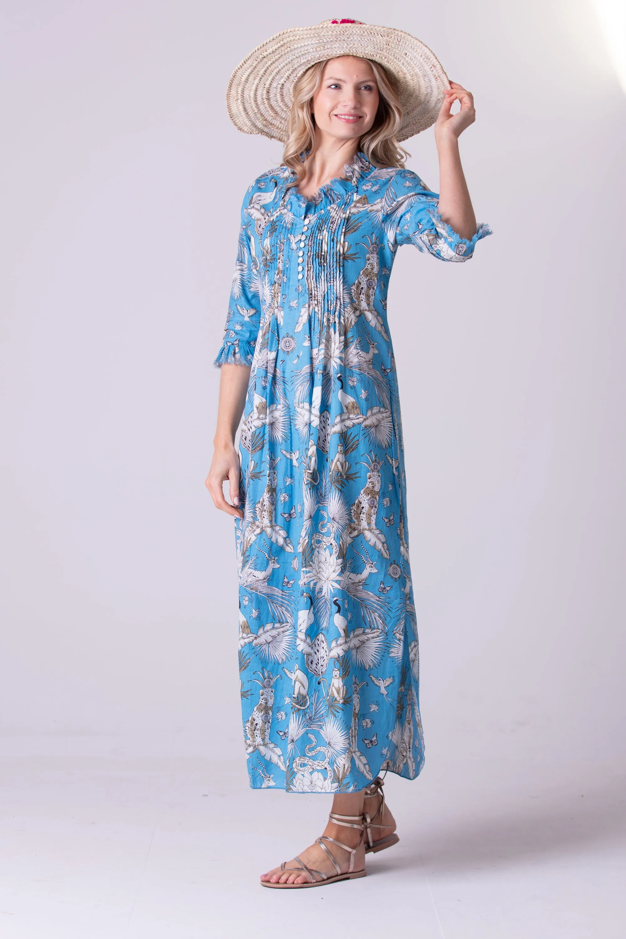 Cotton Annabel Maxi Dress in Sky Blue Tropical