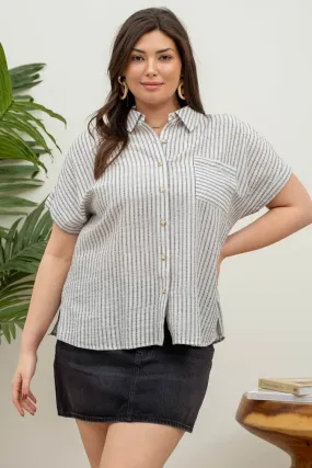 Curvy Linen Short Sleeve Button Down Top in Black Stripe