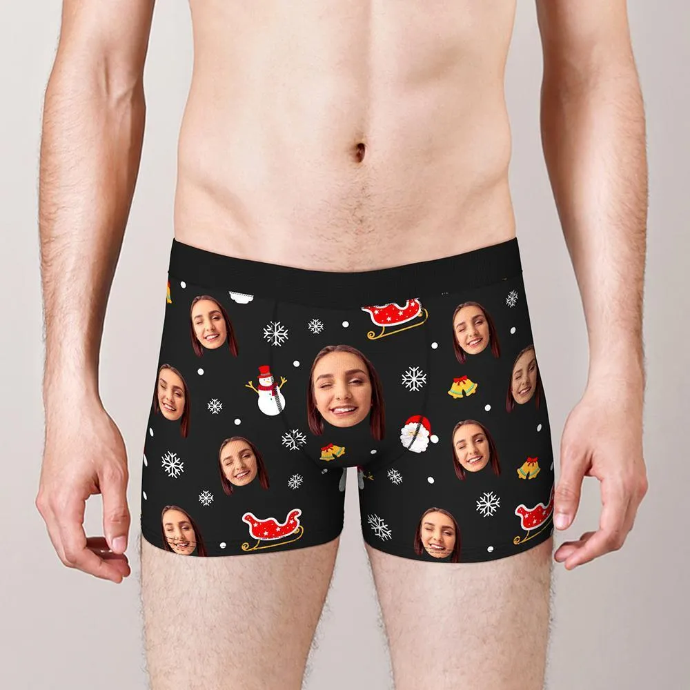 Custom Face Boxers Shorts Santa Claus and Sleigh Personalised Photo Underwear Christmas Gift for Men