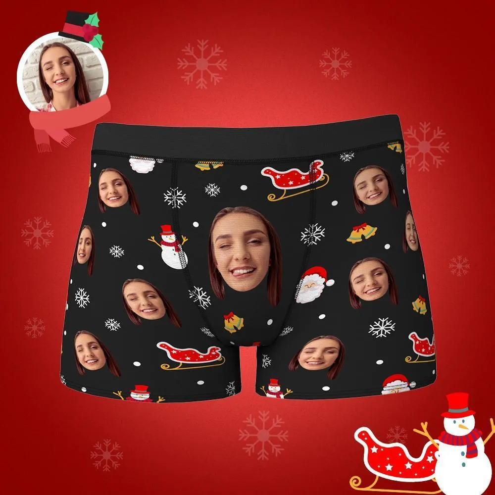 Custom Face Boxers Shorts Santa Claus and Sleigh Personalised Photo Underwear Christmas Gift for Men