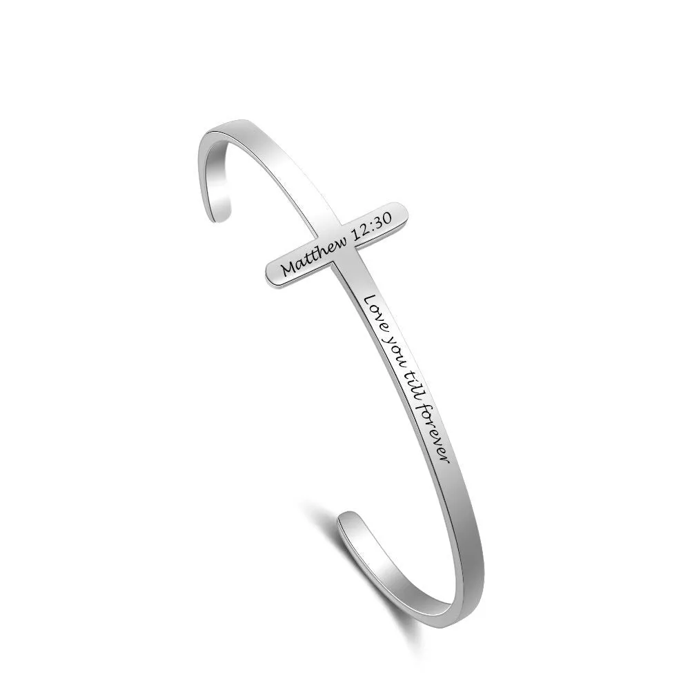 Customized Engrave Stainless Steel Cross Cuff Bracelet For Women