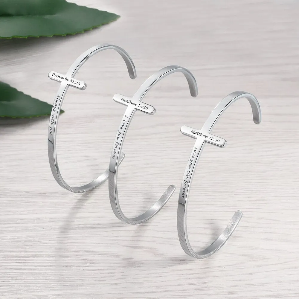 Customized Engrave Stainless Steel Cross Cuff Bracelet For Women