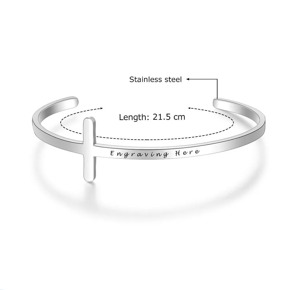 Customized Engrave Stainless Steel Cross Cuff Bracelet For Women