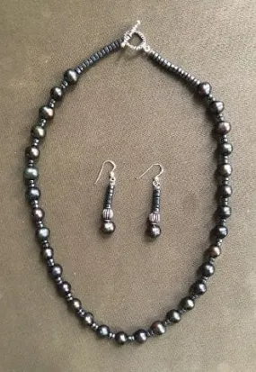 Dark freshwater pearl and hematite necklace earring set