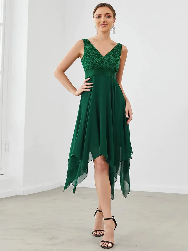 Deep V Neck Asymmetrical Hem Sleeveless Prom Dress