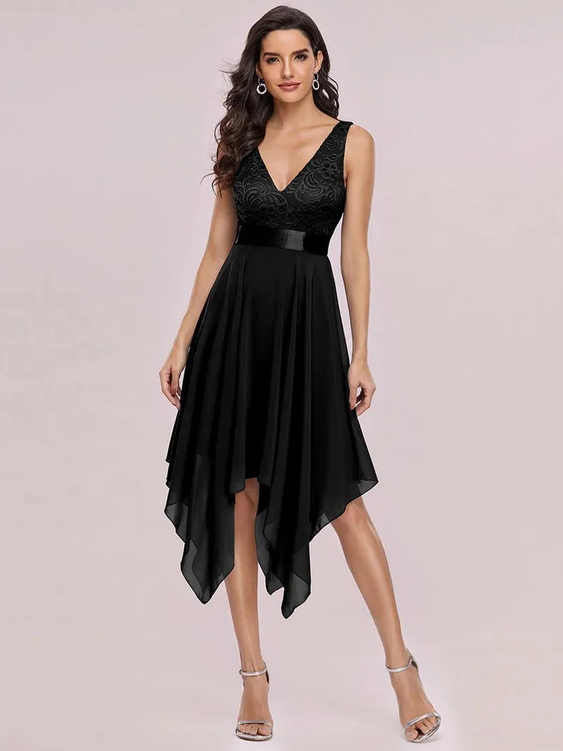 Deep V Neck Asymmetrical Hem Sleeveless Prom Dress