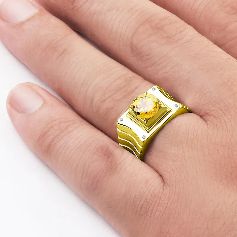 Diamonds Men's Ring in 10k Gold with Yellow Citrine, Gemstone Ring for Men