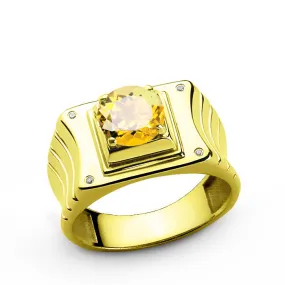 Diamonds Men's Ring in 10k Gold with Yellow Citrine, Gemstone Ring for Men