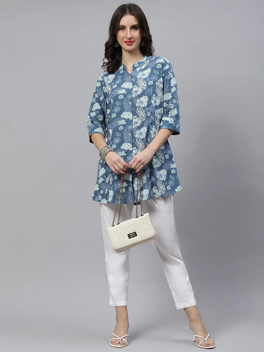 Divena Blue Floral Rayon A-lineTop