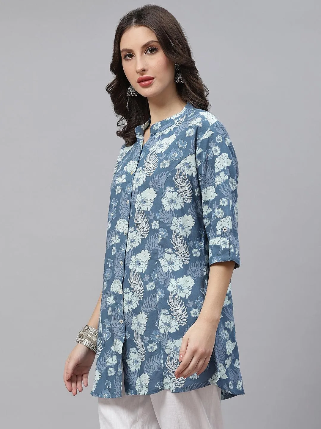 Divena Blue Floral Rayon A-lineTop