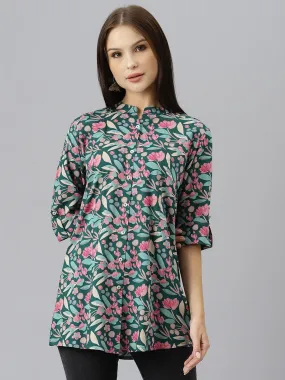 Divena Dark Green Floral Rayon A-line Shirts Style Top