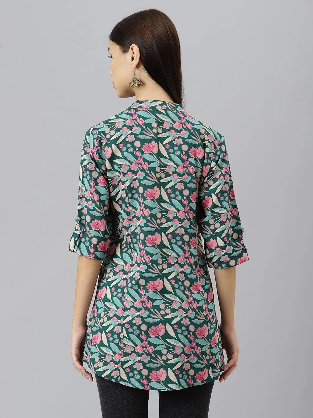 Divena Dark Green Floral Rayon A-line Shirts Style Top