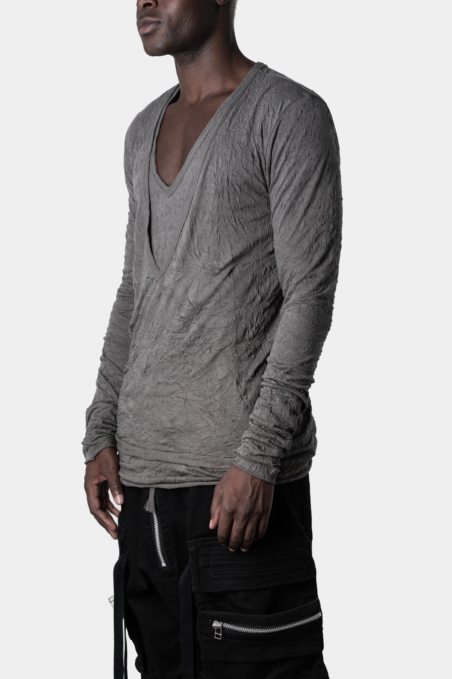 Double layered V-neck long sleeve gauze cotton Tee, Grey