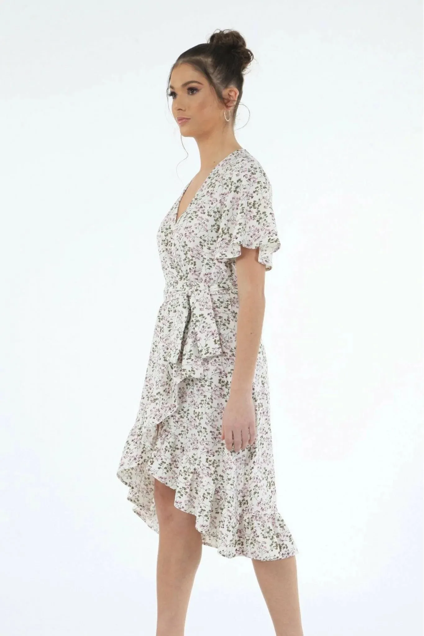 Double Second White Print Tea Sleeves Back Wrap Dress