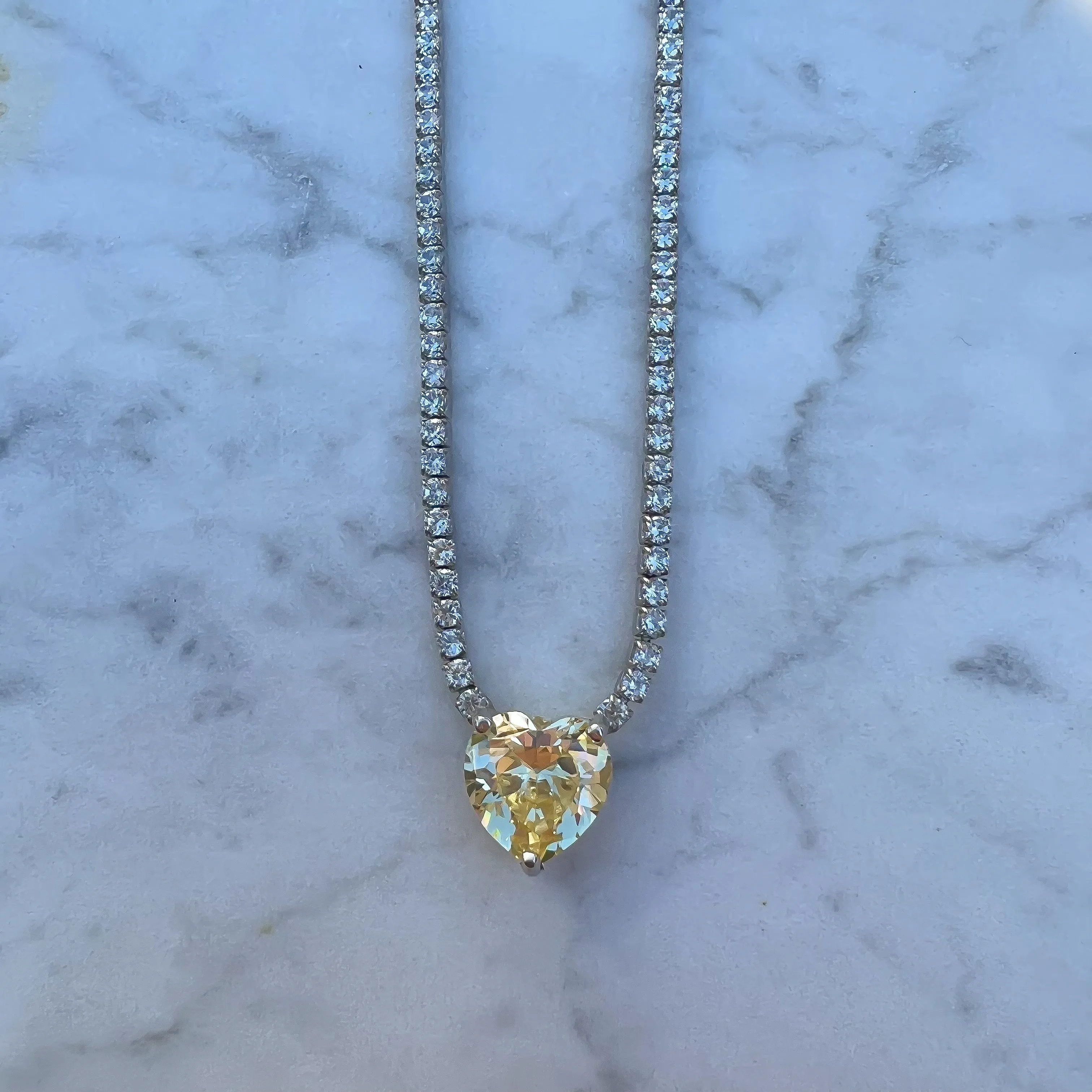 “Duchess” yellow heart sterling silver pave chain necklace