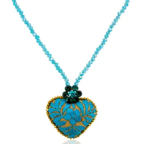 Embroidered Heart Mexican Drop Necklace - Sky Blue