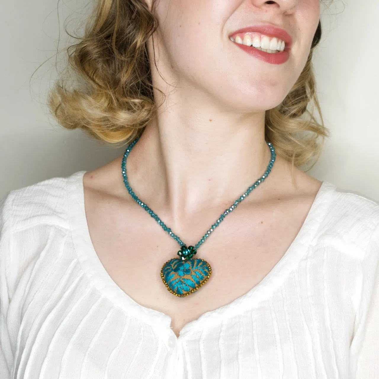 Embroidered Heart Mexican Drop Necklace - Sky Blue