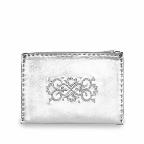 Embroidered Leather Pouch in Silver