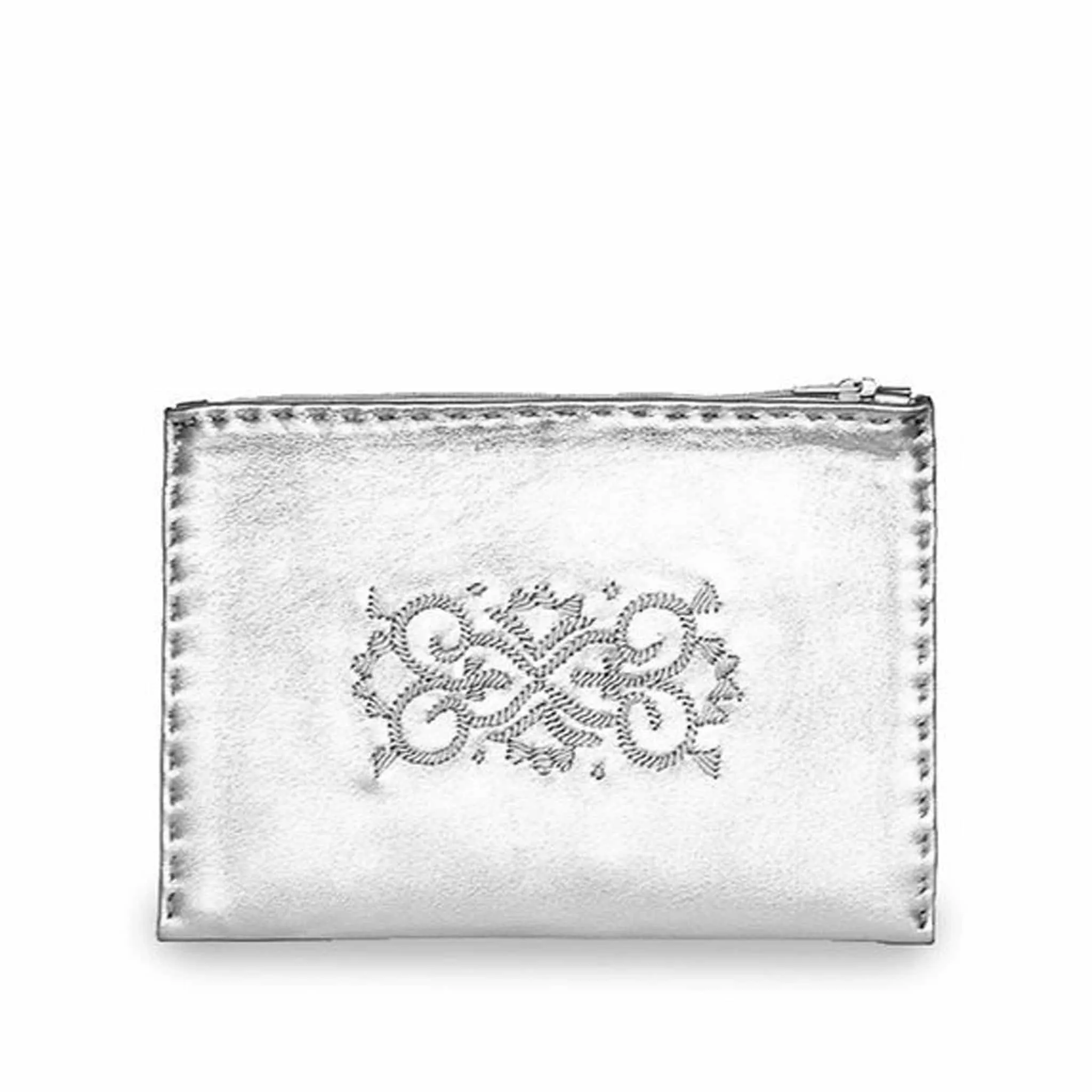 Embroidered Leather Pouch in Silver