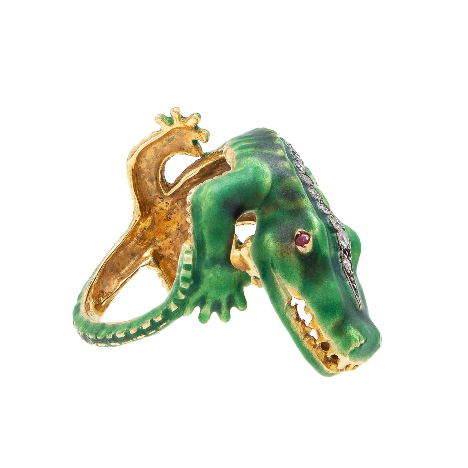 Estate 18k Enamel Alligator Ring