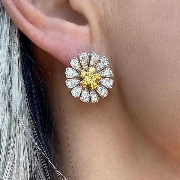 Estate Yellow & White Diamond Flower Earrings