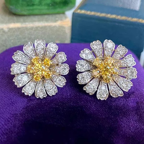 Estate Yellow & White Diamond Flower Earrings